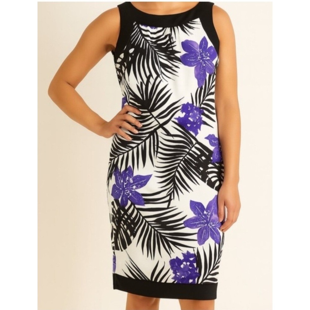 AB Studio Women Floral Tropical Sheath Dress Purple Black White Sz 10 Sleeveless